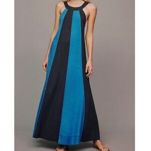 Anthropologie Maeve Ami Linen Colorblock HalterAline Maxi Dress Blue Small NWT